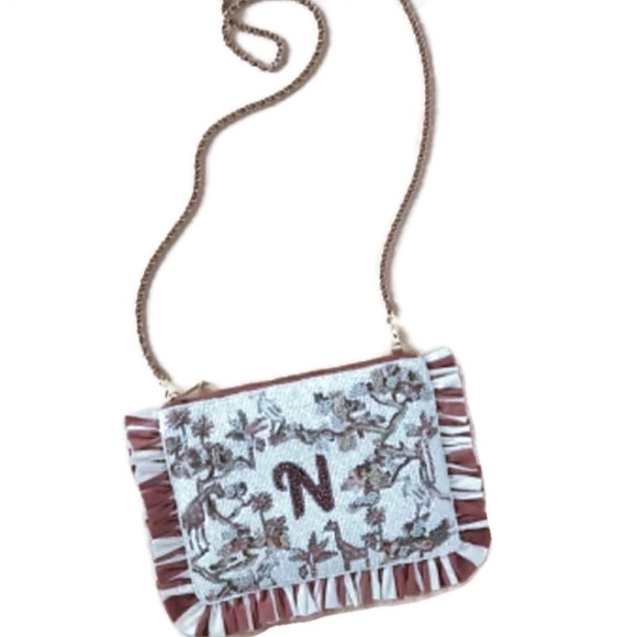 Anthropologie Handbags - Anthropologie Anna Harlow Russo Beaded Monogram “N” Clutch Crossbody Chain Strap